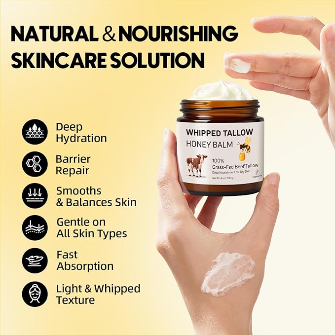 Beef Tallow for Skin, 100% Grass-Fed Whipped Beef Tallow and Honey Balm, Moisturizer for Face & Body, Natural Formula with Organic Jojoba Oil, Shea Butter for Dry, Sensitive Skin, 4 Oz