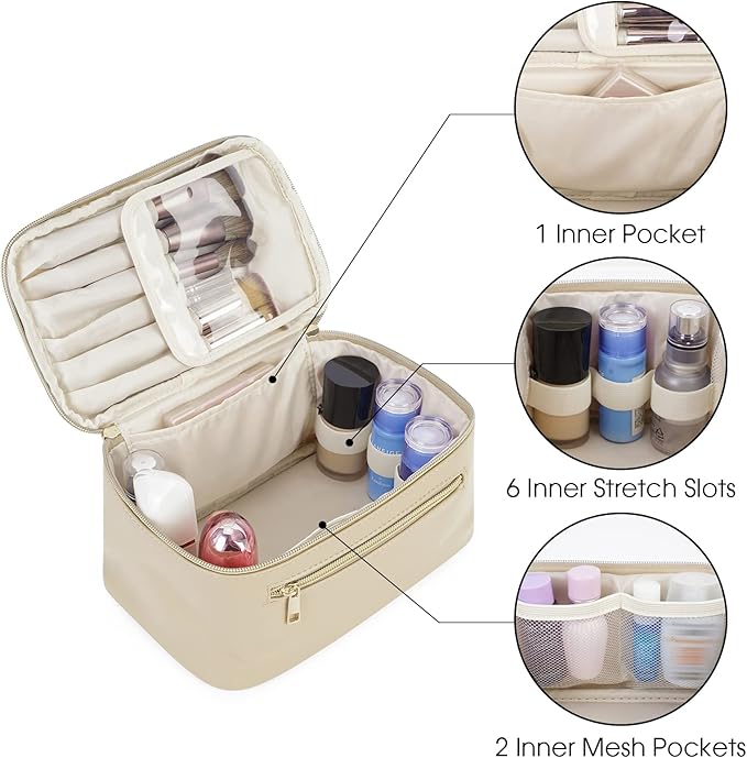 Wandering Nature Makeup Bag, Travel Make Up Organizer Cosmetic Brush Bags Case for Women in Vegan Leather, Beige,Patent Pending