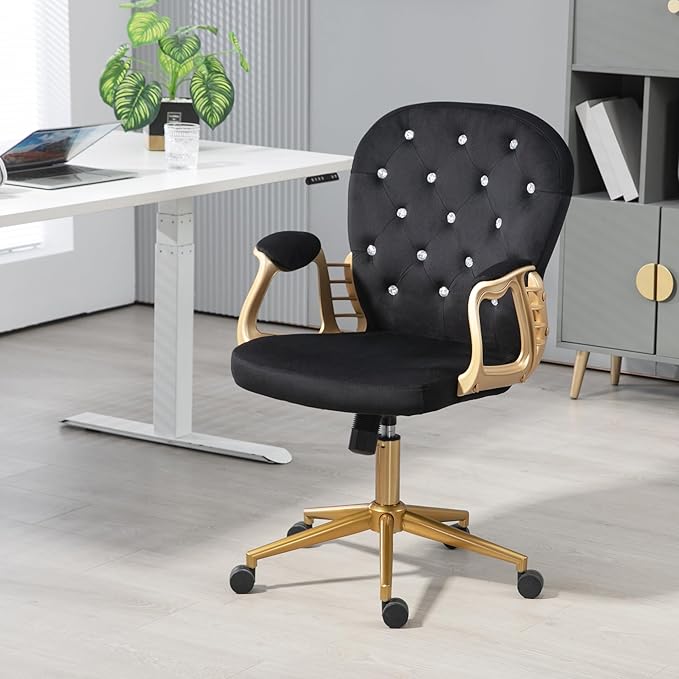 Velvet Home Office Desk Chair Comfy with Gold Base, Comfortable Swivel Makeup Chairs for Vanity with Back and Wheels, Button Tufted Armchair Rolling Chair for Girls Women Study Bedroom, Black