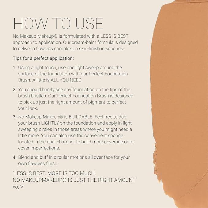 No Makeup Makeup Foundation + Brush Duo, Cream-Balm Formula Conceals, Corrects and Camouflages with Skin-Tone Adaptive Flexshade Technology, Buildable, Long-Lasting, Cruelty-Free, Vegan, Warm Deep
