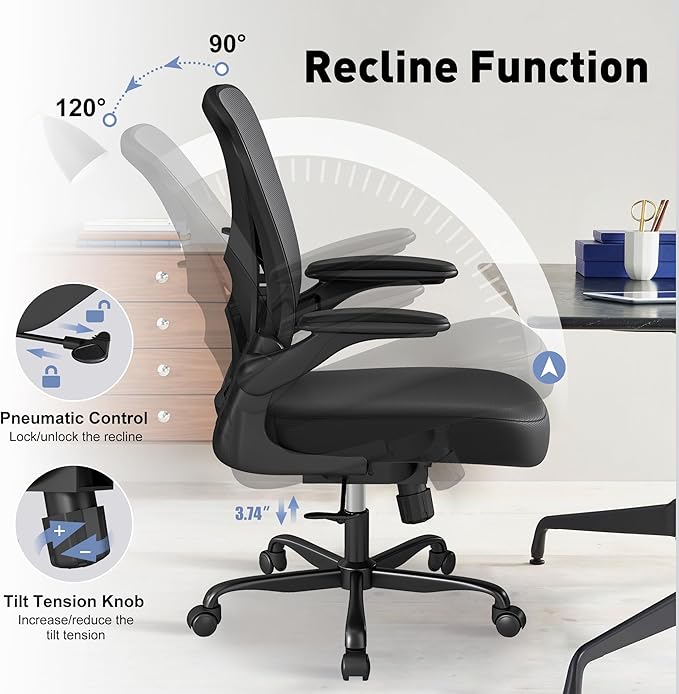 Mesh Office Chair with Adjustable Lumbar Support and Flip-up Arms, Ergonomic Home Office Desk Chair with Wheels, Black