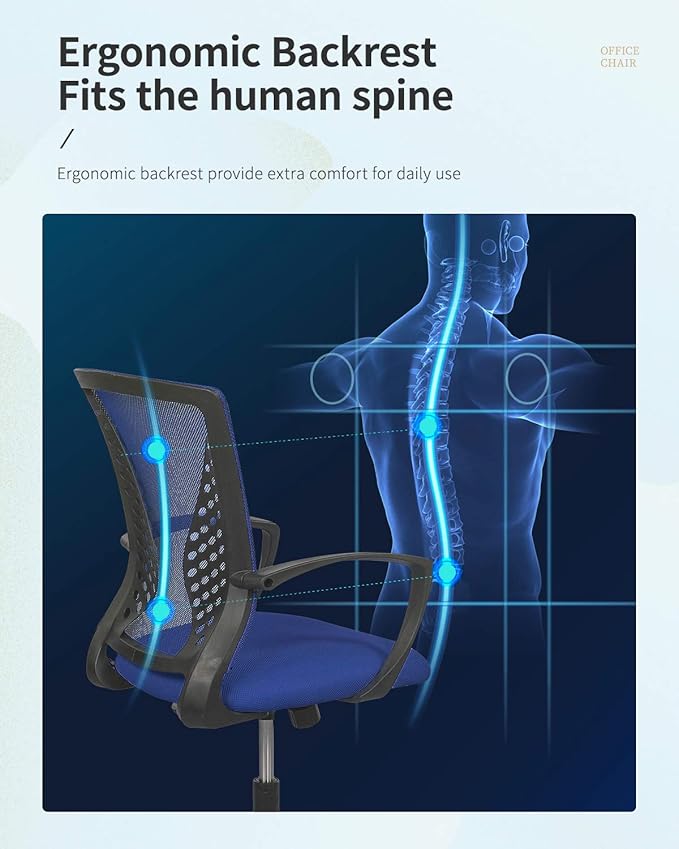 Home Office Chair Mid Back PC Swivel Lumbar Support Adjustable Desk Task Computer Ergonomic Comfortable Mesh Chair with Armrest (Blue)