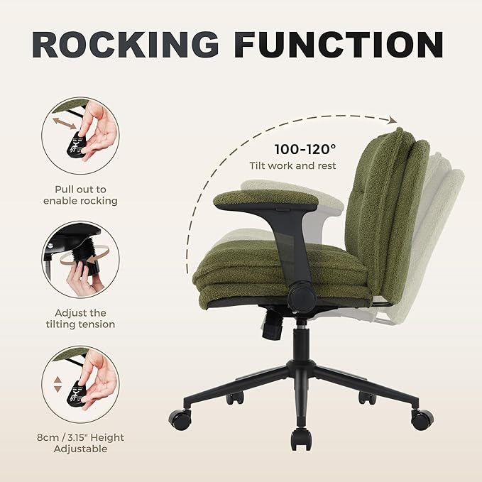 Criss Cross Legged Office Chair with Wheels and Flip-Up Arms, Ergonomic Wide Seat Desk Chair with Thick Padded, Height Adjustable Criss Cross Chairs for Home Office, Bedroom,Apartment,Vanity,Green