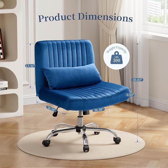 Warmiehomy Velvet Criss Cross Chair with Wheels, Cross Legged Office Chair, Comfy Desk Chair for Home Office, Ergonomic Computer Chair, Wide Seat Vanity Chair, for Adults, Dark Blue