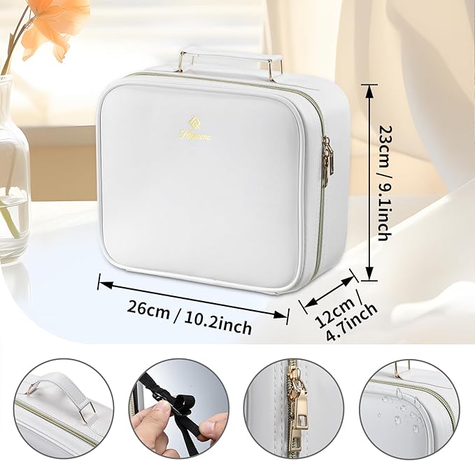 Travel Makeup Bag with LED Mirror 3 Color Modes,10.2-in White Vegan Leather Makeup Organizer Bag with Adjustable EVA Dividers and Independent Brush Panel