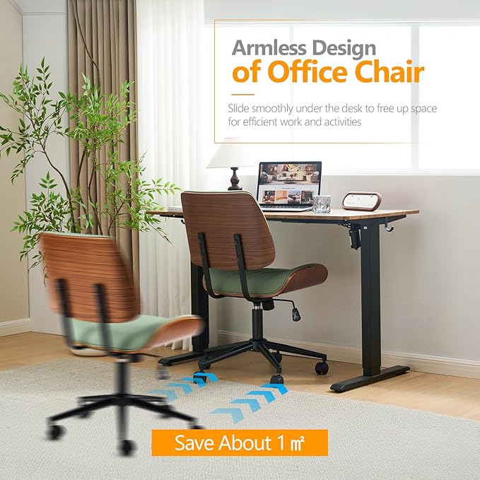 VINGLI Wide Curved Seat&Back Armless Home Office Chair,Ergoromic Adjustable-Height Desk Chair,Swivel&Tilting Function,Stylish Walnut Task Chair for Meeing Room,Dining Room,PU,Olive Green