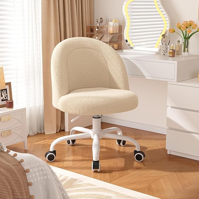 Vanity Chair with Back, Cute Desk Chair with Wheels, Armless Office Chair Height Adjustable, Soft Lumbar Support for Small Space, Bedroom, Light Yellow