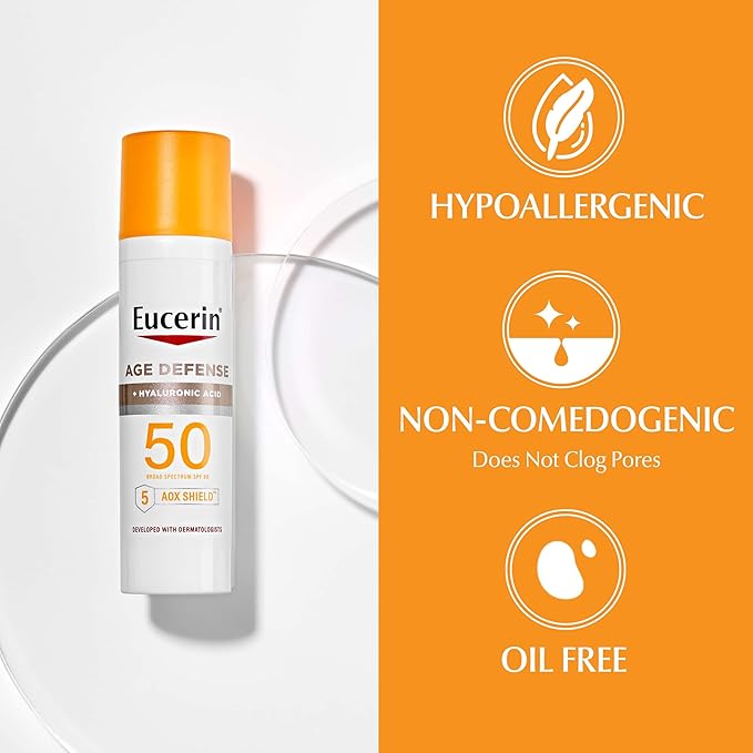 Eucerin Sun Advanced Hydration SPF 50 Sunscreen Lotion (5 Fl Oz) + Age Defense Face Sunscreen Lotion SPF 50 (2.5 Fl Oz), Hypoallergenic and Lightweight Sun Protection with Hyaluronic Acid