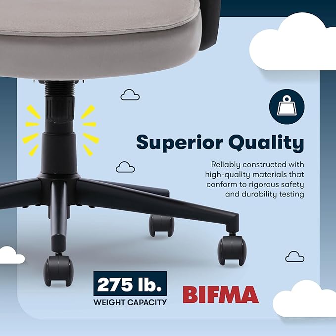 Serta Comfort Classic Executive Office Chair, Ergonomic Mid-Back Computer DeskChair with Lumbar Support, Semi-Plush Cushion and Body Pillows, Padded Armrests, Swivel Base, Taupe Velvet Fabric