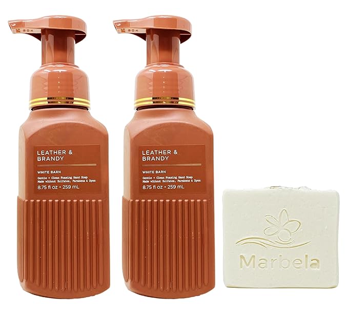 Bath & Body Works Leather & Brandy 2 Pack Gentle & Clean Foaming Hand Soap Bundle with a Natural Oats Bar Soap