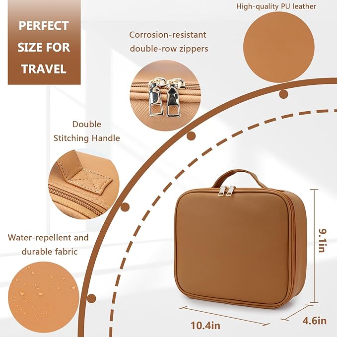 Makeup Bag with Led Mirror,Large Vanity Makeup Cases with 3 Color Setting,Portable Storage and Adjustable Dividers,for Women and Makeup Artists Cosmetic Organizer Travel Makeup Bag-Light Brown