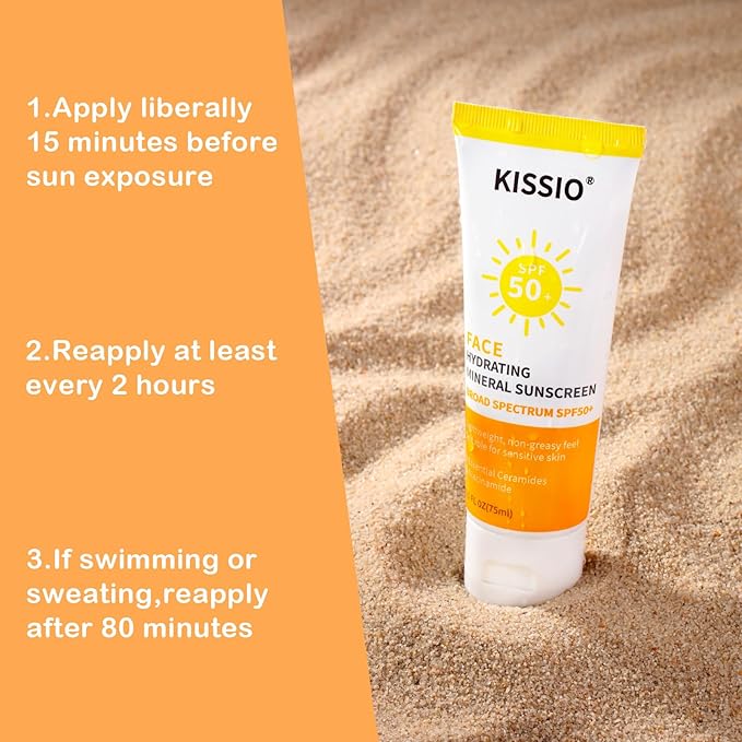 KISSIO Sunscreen For Face,with Zinc Oxide and Titanium Dioxide,Broad Spectrum Sunscreen,SPF 50,Hydrating Mineral,Non-greasy,Suitable for Sensitive Skin,2.5 FL OZ
