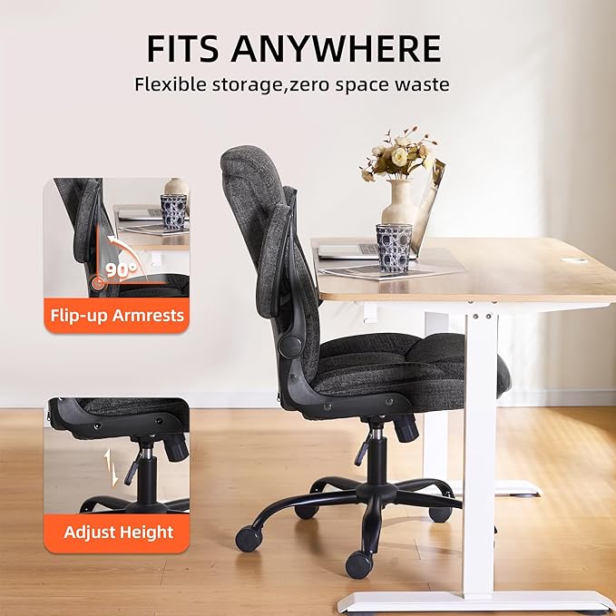 Home Office Ergonomic Desk Chair - Comfy Leather Executive Chair with Flip-Up Armrests, Lumbar Support, 360° Swivel & Rocking (Grey)