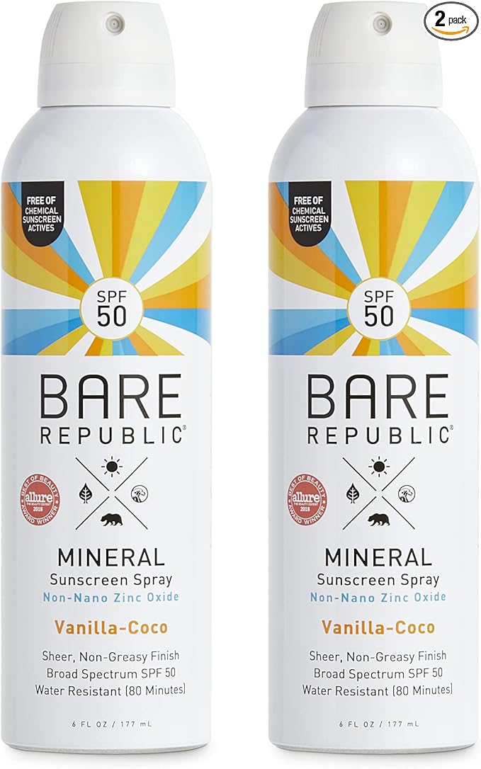 Bare Republic Mineral SPF 50 Sport Sunscreen Spray. Vanilla-Coco Sheer and Strong Water-Resistant Sunscreen Spray with SPF 50 (12 Ounces) 2 Pack.