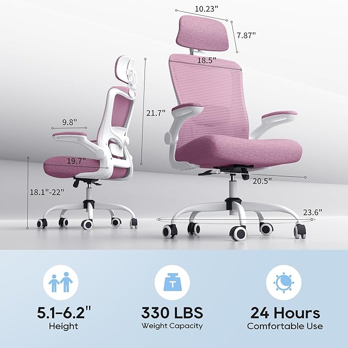 Ergonomic Office Chair, High Back Mesh Desk Chair with Adjustable Lumbar Support & Headrest, Flip-up Armrest, Computer Task Chairs for Home and Executive Office (W-Purple)