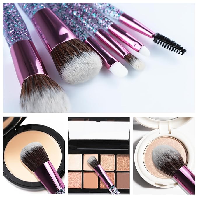 6-Piece Makeup Brush Set with 2 Beauty Sponges & Bling Crystal Handle - Daily Essential Cosmetic Brushes Kit for Professional Foundation, Concealer, Eyeshadow, Powder Blush(Purple)