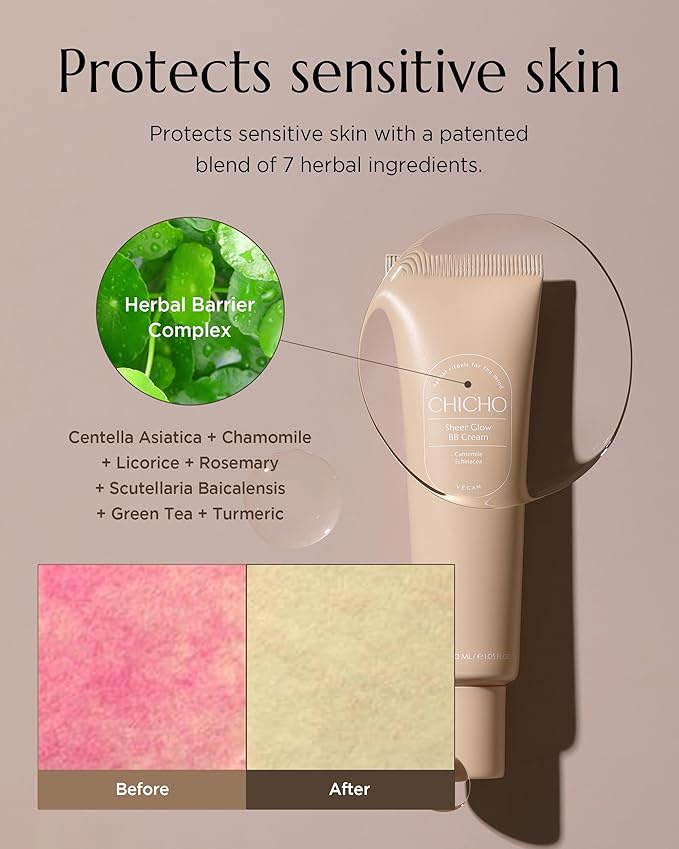CHICHO Sheer Glow BB Cream 93% Herbal Base Chamomile Flower - Korean Makeup Redness Coverage for Acne Prone Sensitive Skin, Vegan, Non-Comedogenic, Pore Concealer, 1.01 fl.oz.