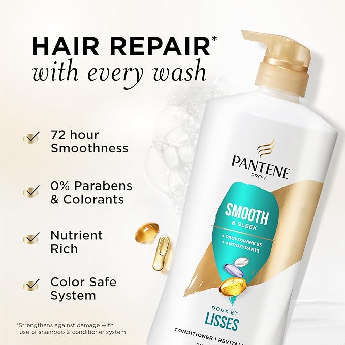 Pantene Conditioner, Smooth and Sleek - Frizz Control with Antioxidants, Nourishing for All Hair Types - Curly, Dry, Color-Treated, 25.1 Oz Each, 2-Pack + Miracle Rescue Shot (0.5 Oz)