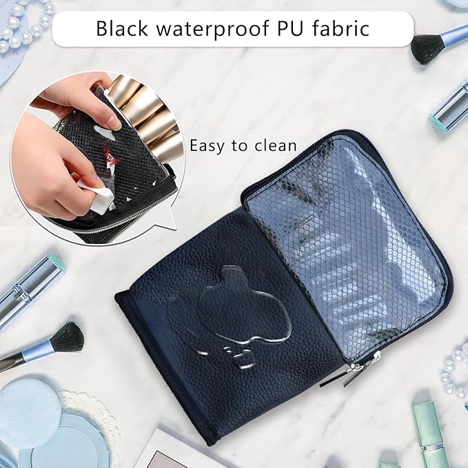 MOND'SUB Makeup Brush Organizer Bag, Makeup Brush Case Travel Makeup Brush Holder Large Professional Cosmetic Bag Artist Storage Bag Essentials Stand-up Foldable Makeup Cup Waterproof （Black, Large）