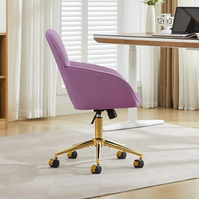 YITAI Velvet Office Desk Armchairs with Gold Base and Wheels,Modern Height Adjustable 360 Degree Swivel Upholstered Vanity Chairs for Living/Room Bedroom/Study,Light Purple