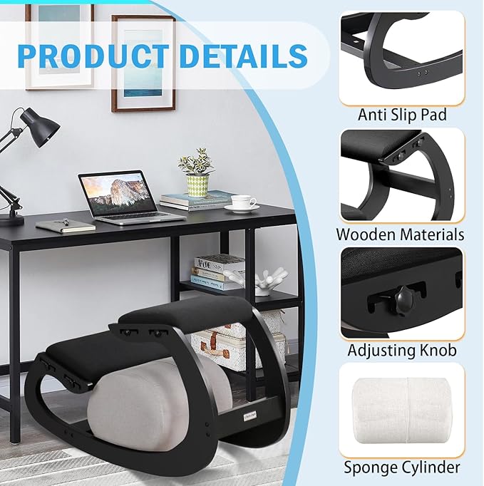 Adjustable Kneeling Chair, Wooden Ergonomic Chair Knee Chair Posture Chair - Improve Your Posture with an Angled Seat for Home,Office (Cylindrical Black)