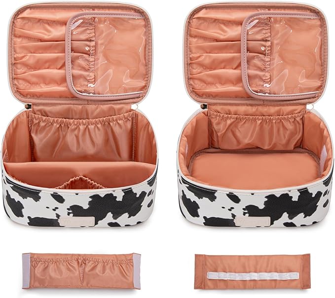 Montana West X Wrangler Travel Makeup Bag 2pcs Set Large Cosmetic Bag with Makeup Brush Holder Portable Make Up Organizer Cute Toiletry Bag with Divider and Handle for Women