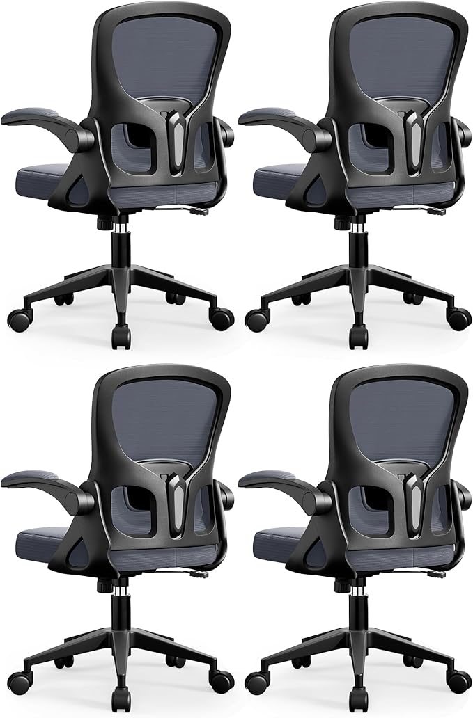 Office Chair Ergonomic Desk Chair, Adjustable Lumbar Support Rolling Swivel Comfy Chair with Space-Saving Flip Up Armrests, Mesh Gaming Chair for Business Work Office & Home, Dark Gray 4pcs