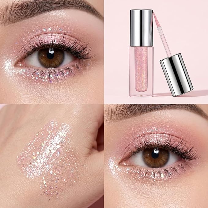 Erinde Liquid Glitter Eyeshadow Eyeliner, Metallic Shimmer Glitter Eyeshadow Liner, High Pigment Colored Eyeliner, Waterproof Long Lasting Sparkle Eye Makeup for Women, Silvery Pink