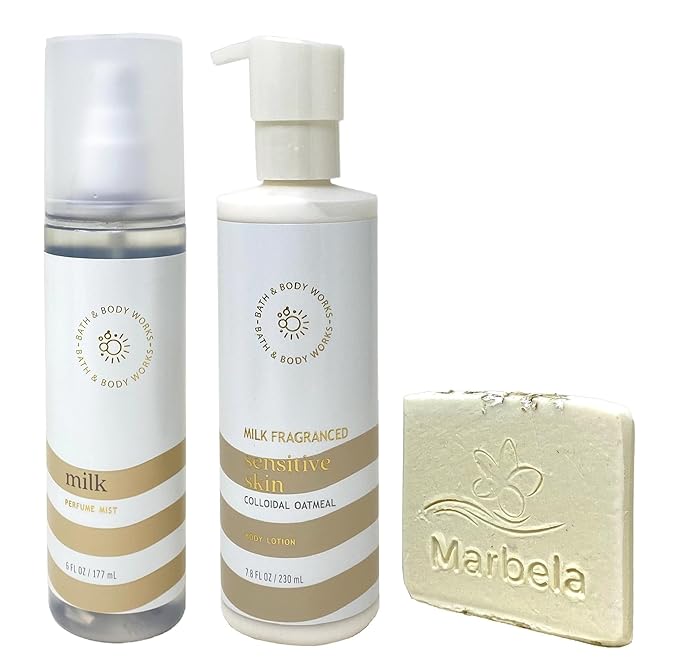 Bath & Body Works Sensitive Skin Milk Fragranced Perfume Mist and Body Lotion Duo Set with a Natural Oats Sample Soap
