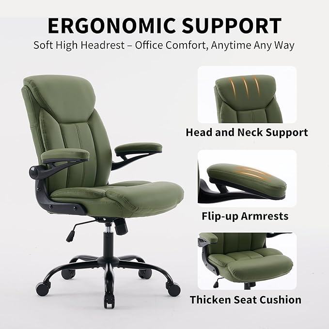 Home Office Ergonomic Desk Chair - Comfy Leather Executive Chair with Flip-Up Armrests, Lumbar Support, 360° Swivel & Rocking (Green)