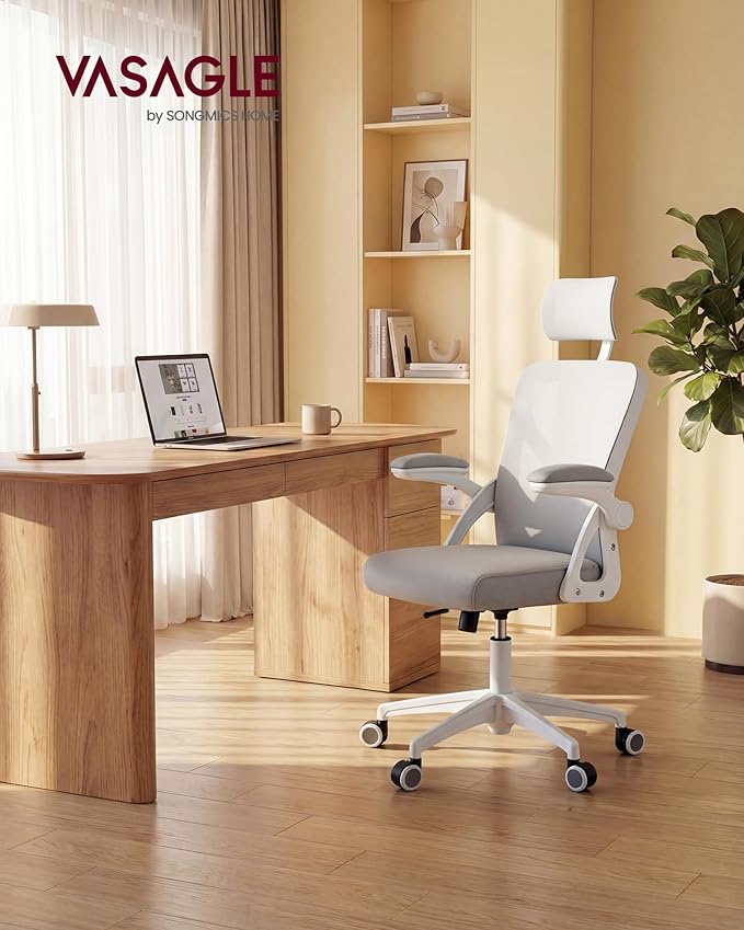 VASAGLE Ergonomic Mesh Office Chair with Adjustable Lumbar Support and Headrest, 90-105° Tilt Function, Wide Seat, Flip‑Up Armrests, Computer Desk Chair for Home Office, Dove Gray UOBN044GD01S