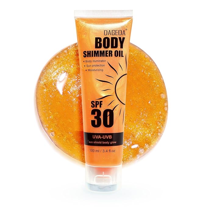 DAGEDA Body Glow Oil, SPF 30 Broad Spectrum Glitter Sunscreen, Lightweight, Non-sticky Sunscreen Body Shimmer, Sun Protection with Centella Asiatica Extract, UVA/UVB Protection, Gold 3.4 fl.oz