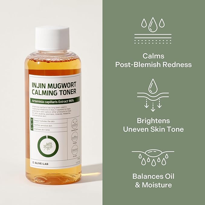 ALIVELAB Injin Mugwort Calming Toner for Sensitive and Acne-Prone Skin, Soothing and Hydrating Facial Toner, Balances Skin pH, Gentle Daily Korean Skincare, 5.07 fl oz