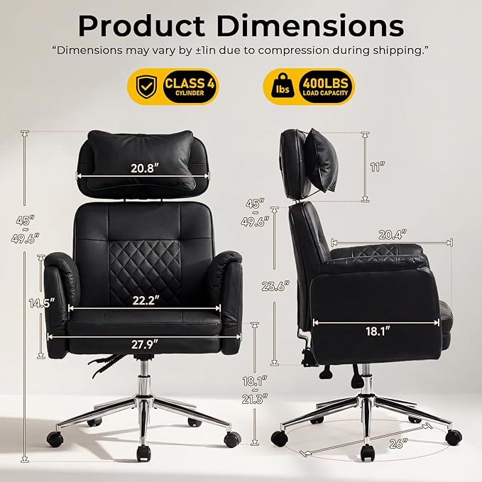 Big and Tall Office Chair - Criss Cross Leather High Back Executive Office Chair with Armrests & Wheels, Ergonomic Computer Gaming Desk Chair for Home, Makeup Vanity & Bedroom, Black, 49.6”H×22”W