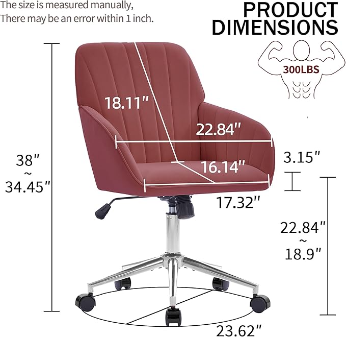 Velvet Home Office Desk Chair, Modern Cute Computer Task Chair with Back, Height Adjustable Upholstered Vanity Chair with Swivel Wheels for Women, Girls (Silver Base, Rose