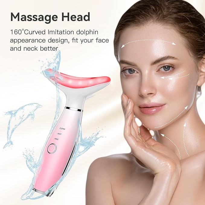 Face Massager -7 Color Red-Light-Therapy for Face and Neck for Wrinkles, Double Chin, Vibrating Facial Massager with Thermals (Pink)