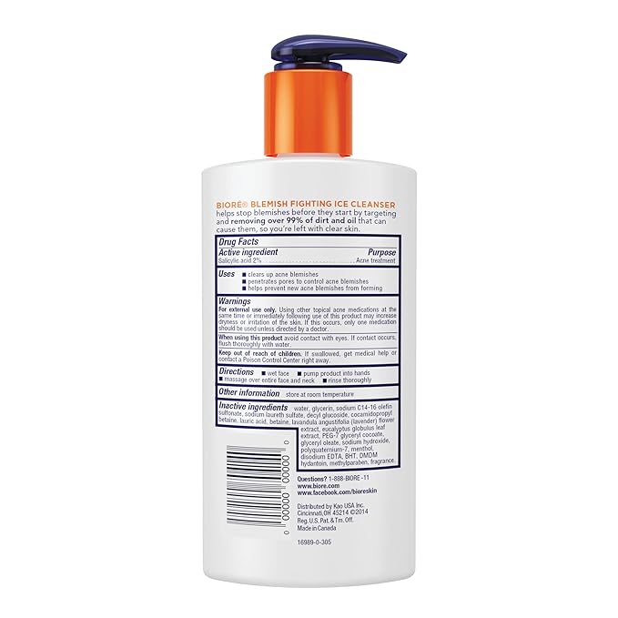 Biore Blemish Fighting Ice Cleanser Face Wash with Salicylic Acid, Clears and Helps Prevent Acne Breakouts, Cools & Refreshes Skin, Oil Free, 6.77 Oz