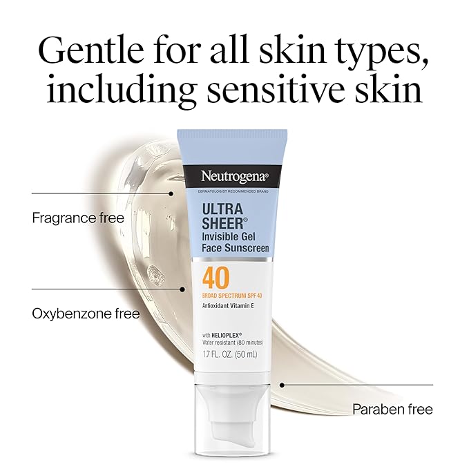Neutrogena Ultra Sheer Invisible Gel Face Sunscreen SPF 40, Facial Sunscreen & Moisturizer, Vitamin E, Matte Finish, Makeup Primer, Travel Size, 80 Minutes Water-Resistant, 1.7 oz
