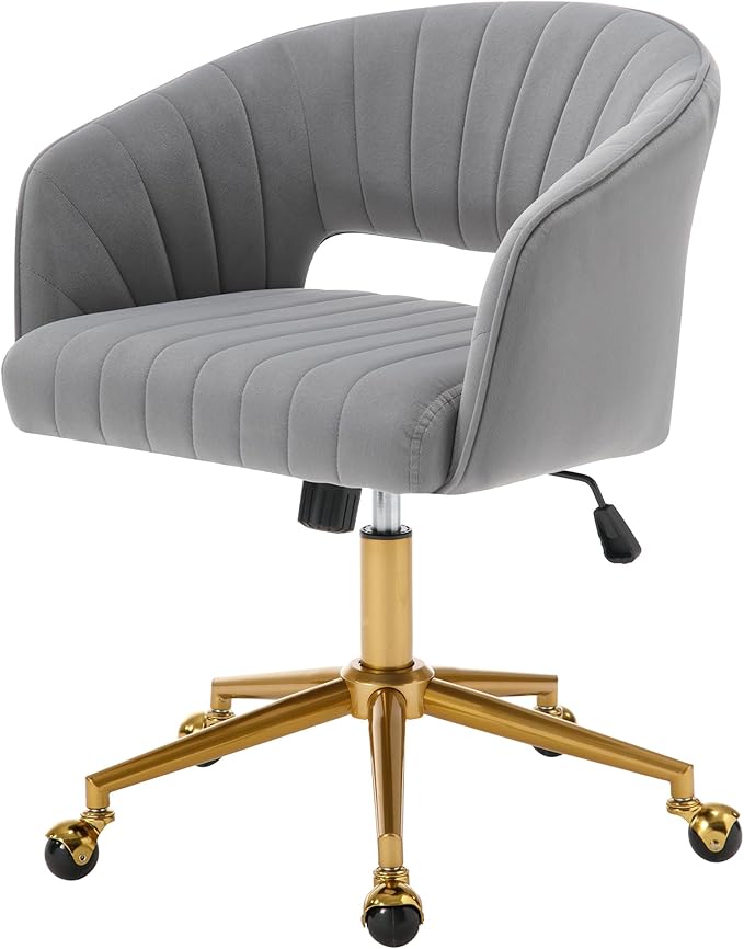 Westice Gray Home Office Desk Chairs, Modern Velvet Rolling Chair, Height Adjustable Swivel Vanity Chair with Golden Base, Ergonomic Chair for Study, Living Room Computer Room