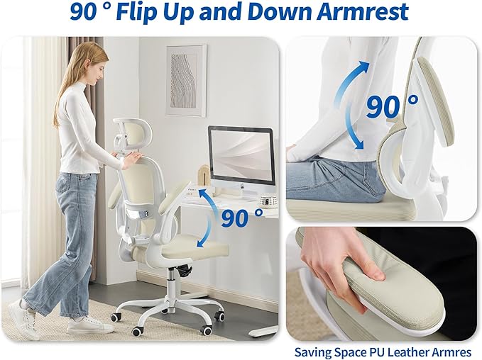 TRALT Ergonomic Office Chair - Desk Chair with Adjustable Headrest Lumbar Support Computer Chair - Mesh Comfy Chair with Flip-up Armrests - Gaming Chairs for Adults Home Office (Leather, Beige)