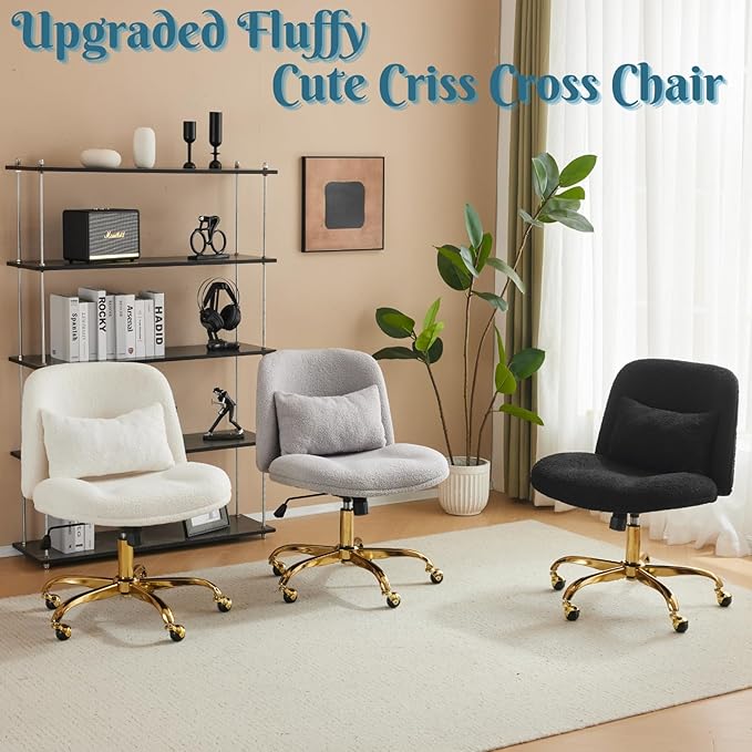 VINGLI Wide Criss Cross Legged Office Chair,Buttprint Ergonomic Desk Chair Comfy with Pillow&Gold Base,Dual-Use with/no Wheels,Adjustable Vanity Swivel Chair for Bedroom,Home Office,Teddy Fleece,Black