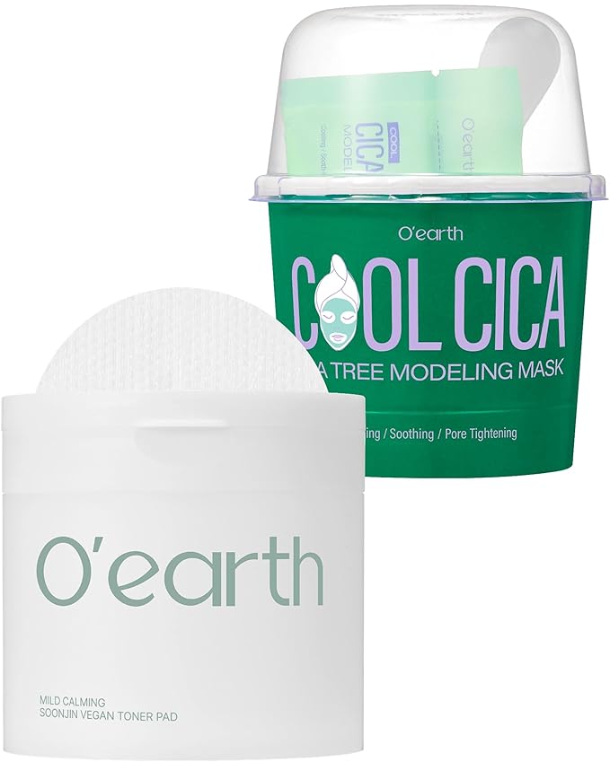 O’earth Cool Cica Tea Tree Modeling Mask + Mild Calming Vegan Toner Pad Bundle