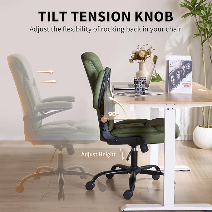 Home Office Ergonomic Desk Chair - Comfy Leather Executive Chair with Flip-Up Armrests, Lumbar Support, 360° Swivel & Rocking (Green)