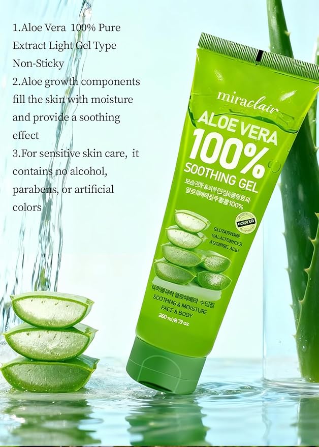 MIRACLAlR Aloe Vera Gel | 100% Pure Aloe Gel for Face, Body & Sunburn Relief, Aloe Vera for Burns - Durable Moisturizing Hydrating Soothing, Squeeze-on Mask, Made in Korea, Travel Size, 8.79 oz