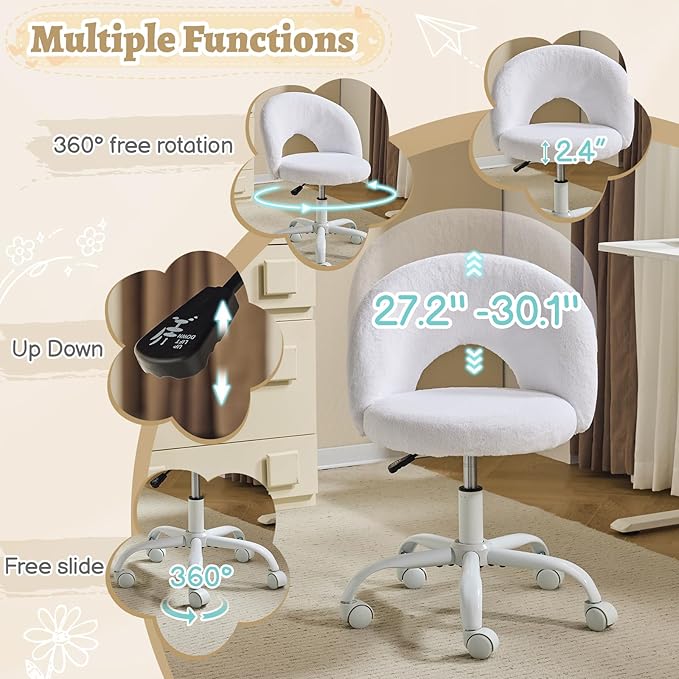 VINGLI Small Vanity Chair with Faux Fur Wheels for Girls,Cute Adjustable Height Armless Office Desk Chair,360°Swivel Comfy Rolling for Study,Make up Room,Small Space,White