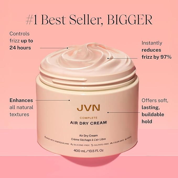 JVN No Heat Complete Air Dry Cream, 13.5 Fl Oz, Jumbo Size, Hair Smoothing Cream Enhances Your Natural Texture, Curl Cream and Wavy Hair Products, Haircare for Women and Men, Silicone Free