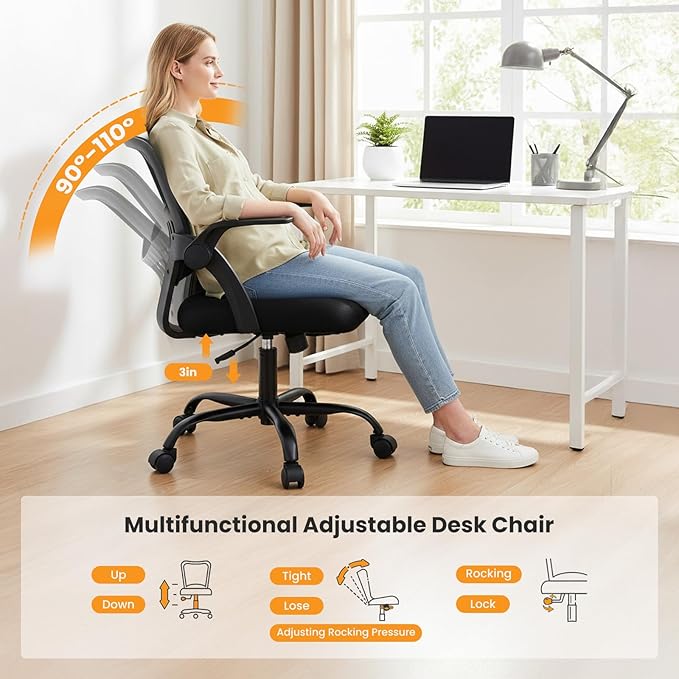 NEWBULIG Office Chair - Ergonomic Desk Chair with Lumbar Support, Mesh Computer Executive Rolling Chairs, Swivel Task Chairs with Wheels, Comfy Flip-up Arms for Bedroom, Study, Student Black
