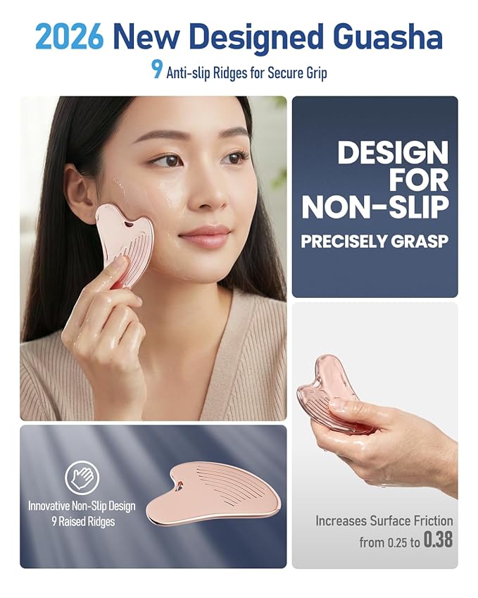Gua Sha Facial Tools, 3-in-1 Gua Sha & Roller & Comb Set, Upgraded No-Slip Textured Guasha, Metal Lymphatic Drainage Massager for Skin Tightening & Face Sculpting, Skincare Gift for Women (Rose Gold)