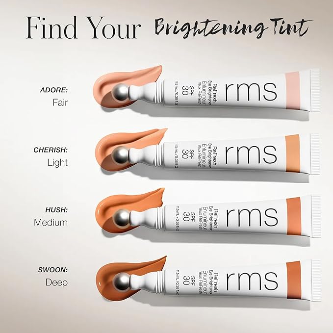 RMS Beauty Superbright Undereye Corrector – 100% Mineral SPF 30 Sunscreen – Brightening Eye Cream with Caffeine & Peptides – Tinted Depuffing Metal Rollerball – 0.4 fl oz