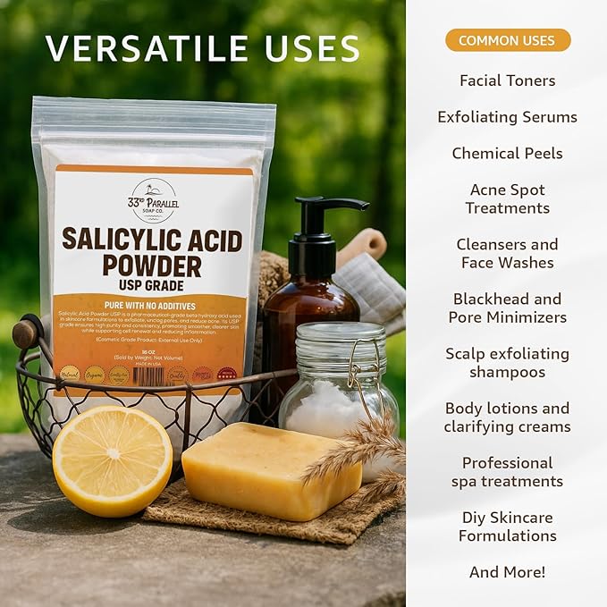 Salicylic Acid Powder USP Grade (4oz) | Professional BHA Exfoliant for DIY Skincare, Serums, Peels & Toners – High Purity Ingredient for Clear, Smooth Skin | 4 OUNCES
